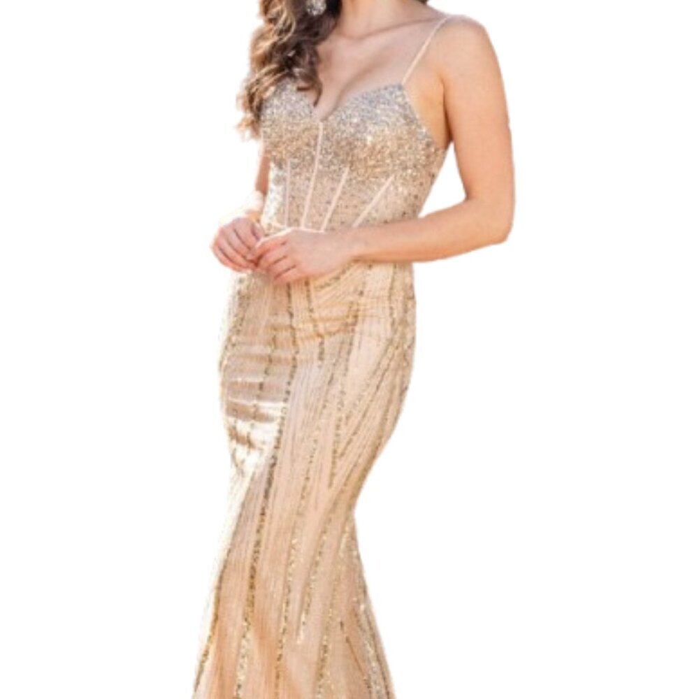 NWT Dancing Queen 4340 Sequined Prom Dress Gold Size S